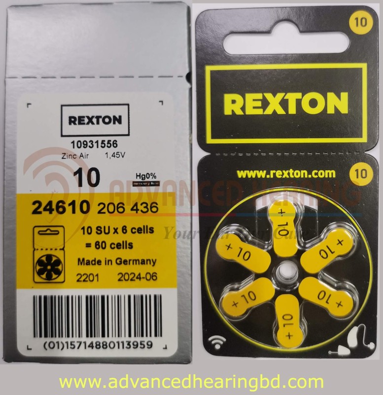 Original Rexton Zinc Air Hearing Aid Batteries – Size 10 (Yellow) 6 Pcs